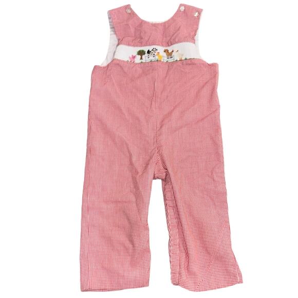 Petit Bebe Farm animals Smocked Longall outfit red gingham 2T MISSING BUTTON - Picture 1 of 7